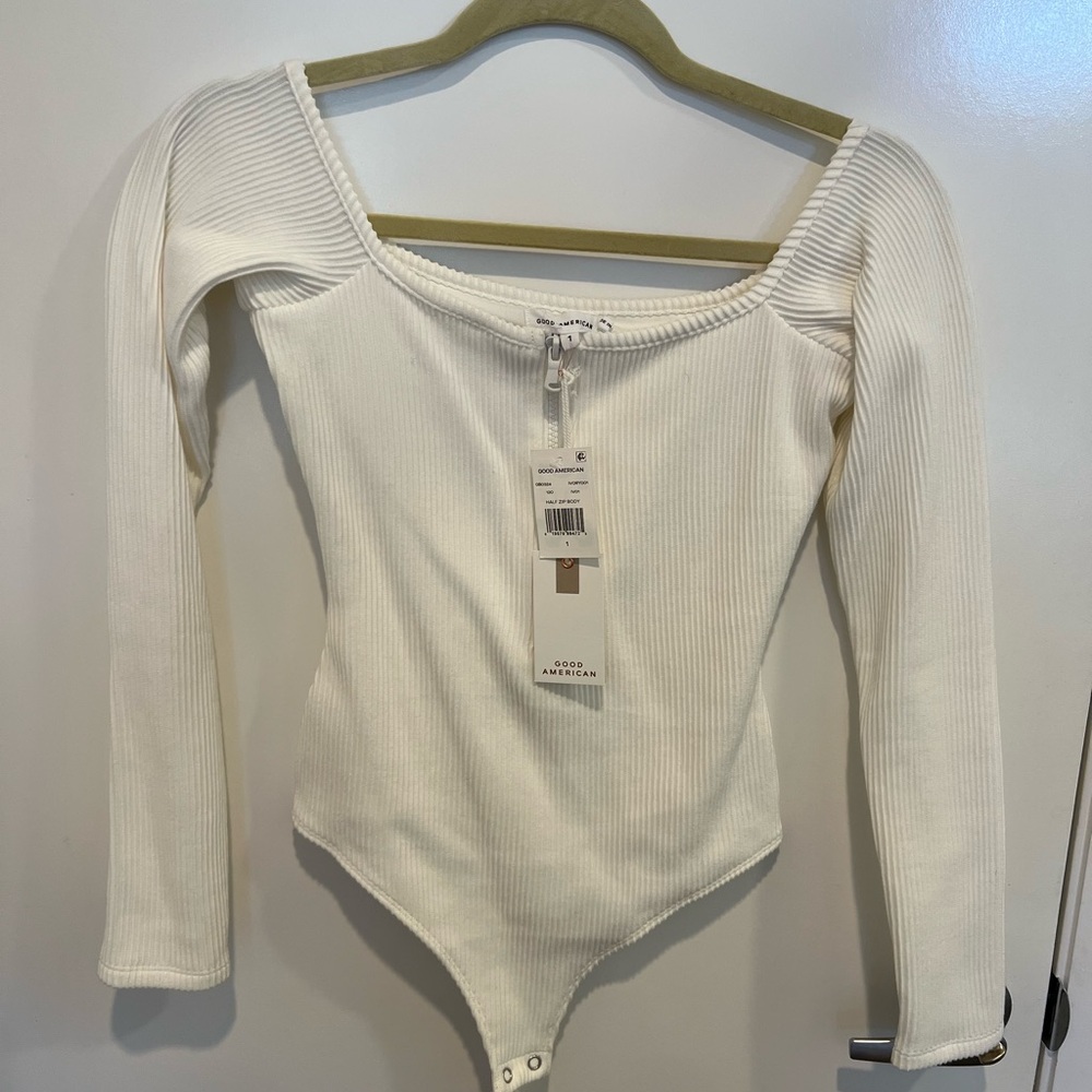 Good American White Ribbed Long Sleeve Bodysuit